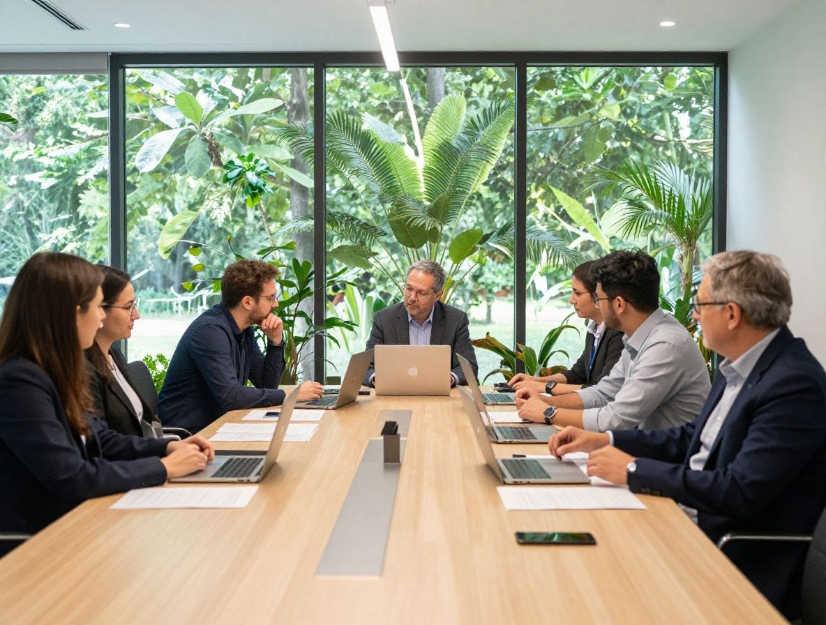 Zróżnicowany zespół profesjonalistów przy okrągłym stole w jasnym, nowoczesnym biurze — dyskusja nad dokumentami, rośliny w tle, naturalne oświetlenie dzienne przez duże okna