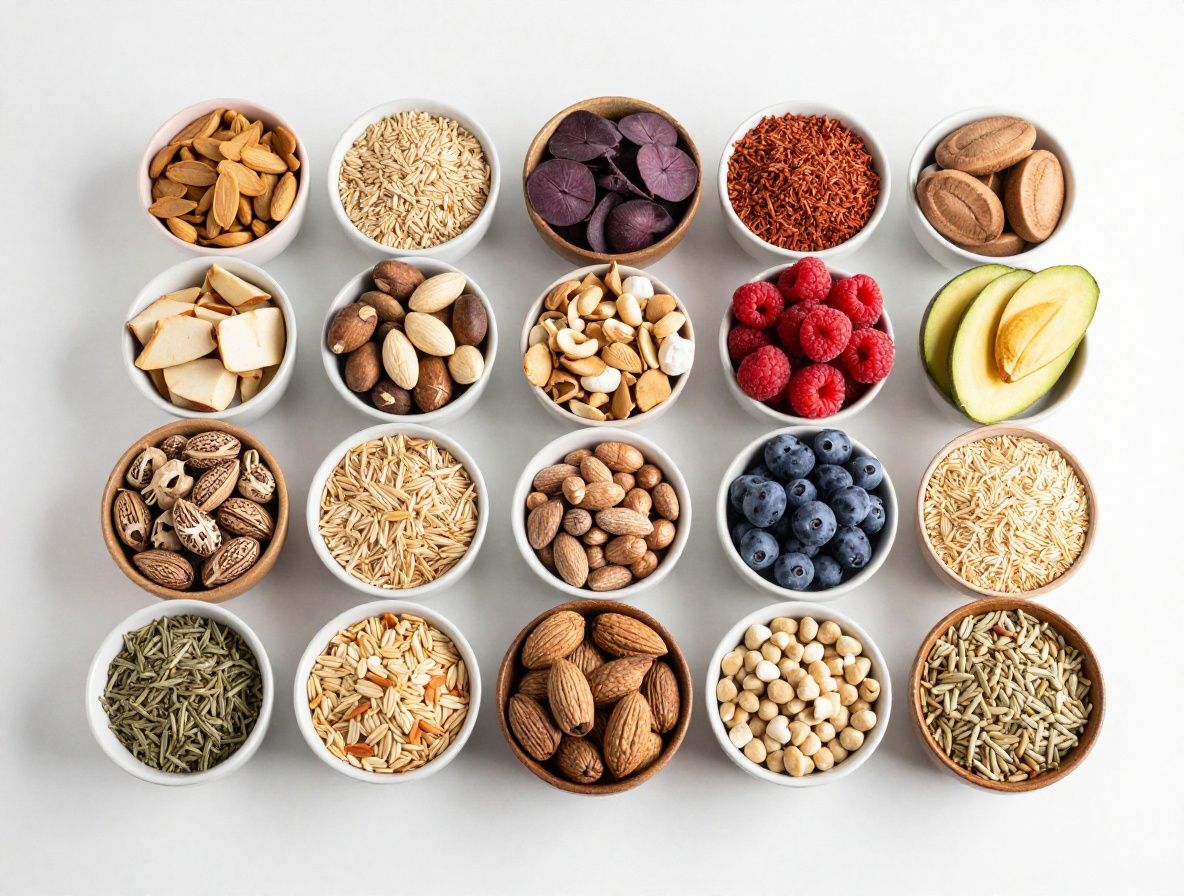 Estetycznie ułożone grupy składników odżywczych — warzywa, orzechy, suszone owoce i ziarna zbóż na czystym białym tle z miękkim naturalnym oświetleniem, tworzące kompozycję z różnorodnych produktów żywnościowych