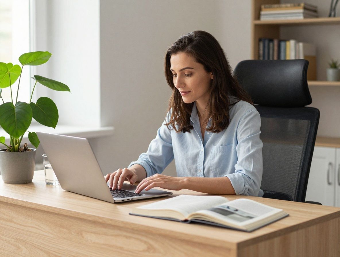 Otwarta książka naukowa o żywieniu leżąca na drewnianym biurku obok szklanki wody i zielonej rośliny doniczkowej — spokojne środowisko do nauki w ciepłym świetle lampy biurkowej