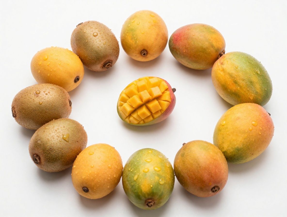 Kolorowa miska z owocami — truskawki, borówki, kiwi i mango ułożone artystycznie na białym tle z kroplami rosy na owocach