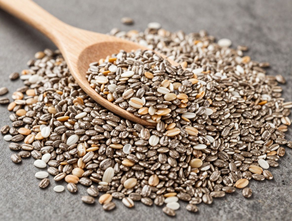 Zbliżenie na różnorodne nasiona superfoods — chia, siemię lniane, konopie i pestki dyni rozsypane na ciemnym łupku w artystycznej kompozycji z miękkim górnymi oświetleniem