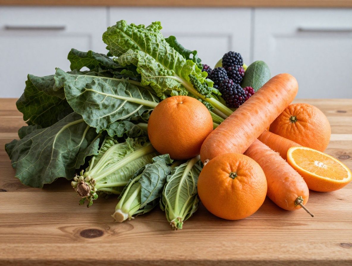 Zbliżenie na kolorowe warzywa i owoce bogate w witaminy — marchew, brokuły, jagody, pomarańcze i zielone liście na drewnianym stole w naturalnym oświetleniu