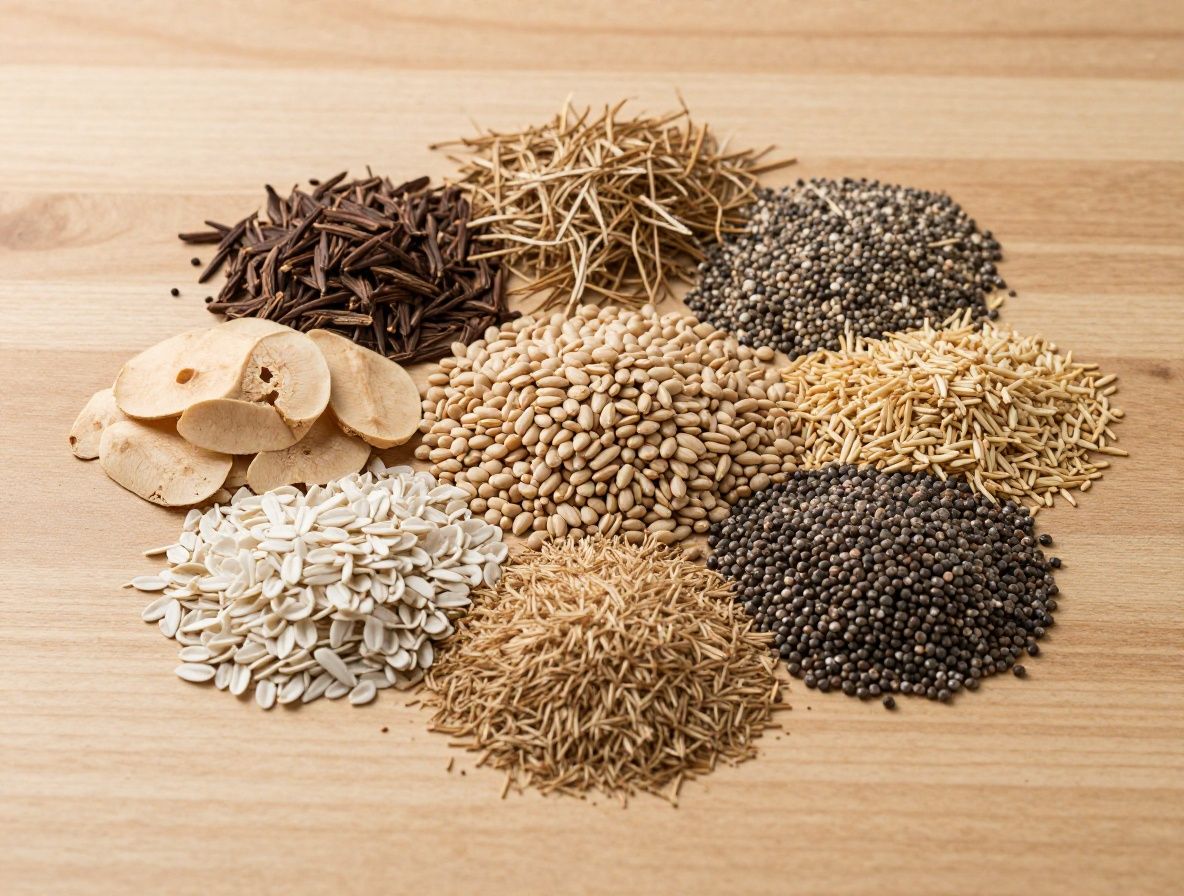 Różnorodne nasiona — siemię lniane, nasiona chia, słonecznik i dynia wysypane na drewnianej powierzchni z ciepłym bocznym oświetleniem podkreślającym tekstury